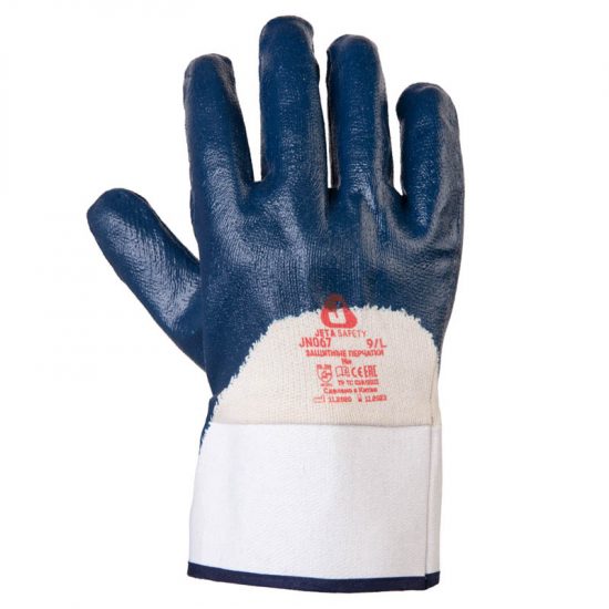 Перчатки промышленные Jeta Safety JN067 защитные трикотажные с крагой и нитриловым покрытием на 3/4, синие, XL