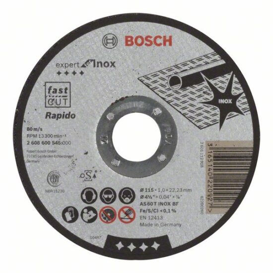 Диск отрезной Bosch Expert for Inox Rapido 115x1.0x22.23 AS60T INOX BF, прямой